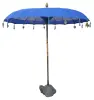 Product image 1 of the product “Bali umbrella , turquoise with wooden coins and gold leaves hanging around the edge. Approx. 230cm dia. and 250cm height ”